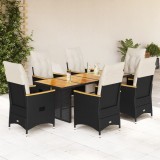 Set bistro de grădină, 7 piese, cu perne, negru, poliratan