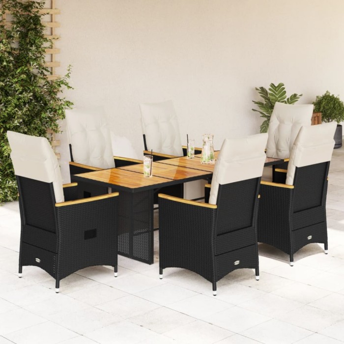 Set bistro de grădină, 7 piese, cu perne, negru, poliratan