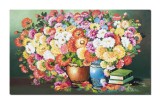 Cumpara ieftin Tablou pictat manual living, dormitor, Vaze cu flori multicolore si carti, poezie florala, 100x60cm ulei pe panza, gata de expus pe perete