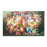 Tablou pictat manual living, dormitor, Vaze cu flori multicolore si carti, poezie florala, 100x60cm ulei pe panza, gata de expus pe perete