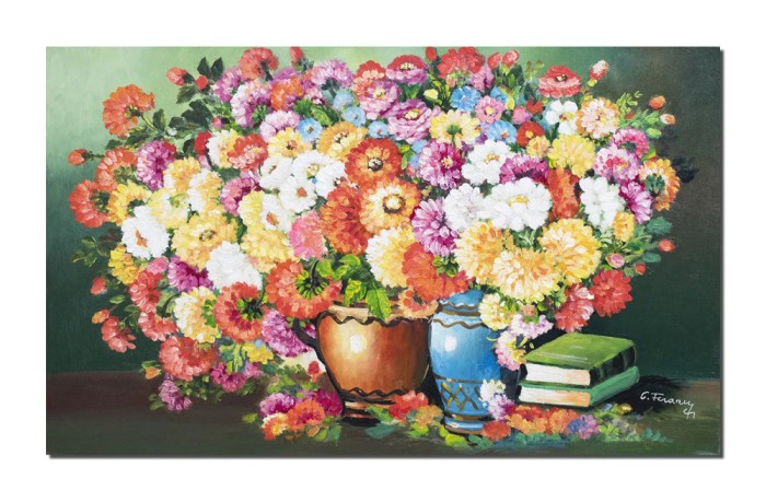 Tablou clasic pictat manual, Aranjament cu flori multicolore si carti, 100x60cm ulei pe panza, Constantin Feraru
