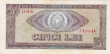 Bancnotă Rom&acirc;nia 5 lei 1966, RSR, seria D.0134, numismatică