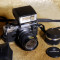 Aparat foto pe film Olympus OM10 cu blitz, adaptor manual si accesorii. Japan.