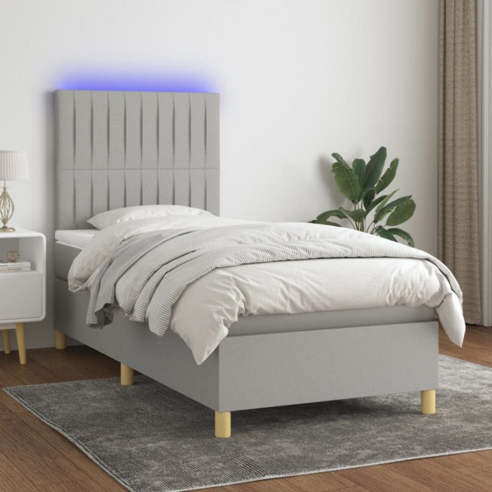 vidaXL Pat cu arcuri, saltea și LED, gri deschis, 90x190 cm, textil 3135557