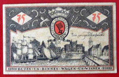 Germania notgeld 75 pfennig 1921 Bremen ** foto