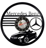 Ceas de perete decorativ realizat din disc de vinil, Model Masina Mercedes Benz si Sigla Brandului, Text Mercedes Benz, Negru, 30 cm