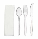Cumpara ieftin Set tacam lingura + furculita + cutit + servetel, din plastic transparent 100buc set, 777R