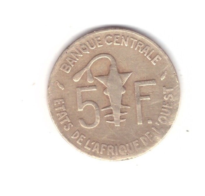 Moneda Africa de Vest 5 francs/franci 1977, stare relativ buna, curata