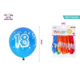 Set 6 Baloane aniversare PartyGo 18 ani, 30cm, imprimate, diverse culori
