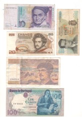 SV * EUROPA 5 bancnote Pre EURO UE (EU) - Germania 10 MARK + Austria 20 SCHILLING + Belgia 20 FRANCS+ Portugalia 100 ESCUDOS + Franta 20 FRANCS