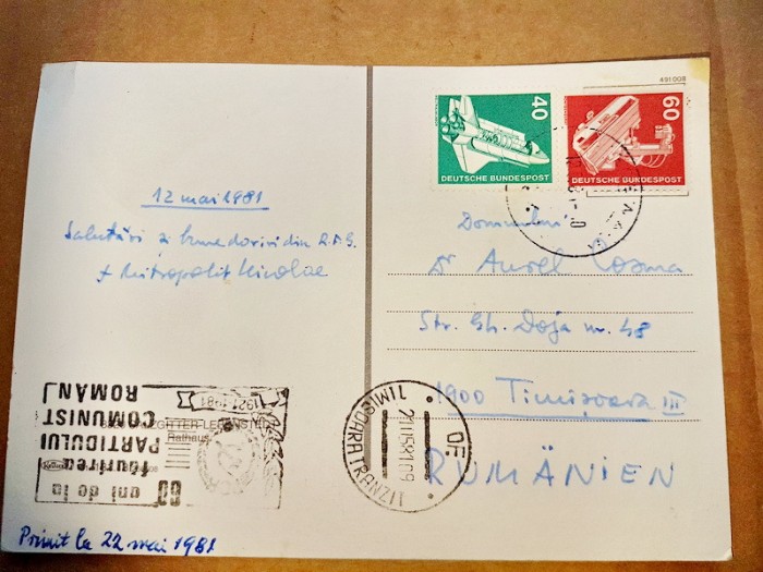 C100-Mitropolit NICOLAIE BANAT-Vedere cu semnatura 12 Mai 1981 stampila speciala