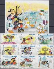 Grenada 1984 - Disney, Jocurile Olimpice, desene animate, sport, serie si colita neuzata