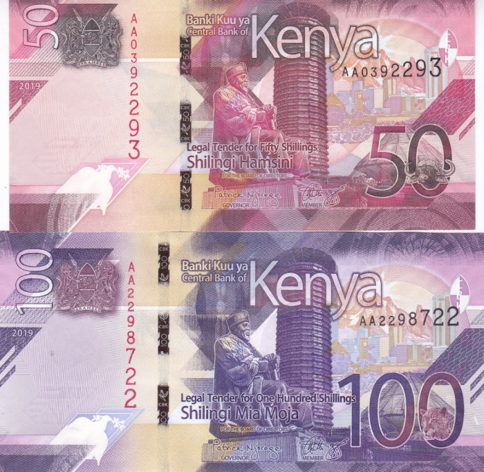 Bancnota Kenya 50 si 100 Shilingi 2019 - PNew UNC ( set x2 - vezi descriere )