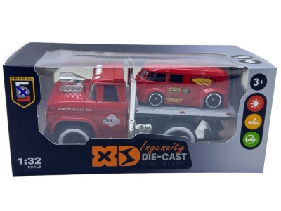 Macheta Platforma Camion Tractare Masina retro 16cm rosu cu sunet si lumini foto