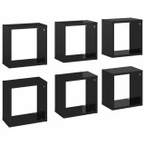 Rafturi de perete cub, 6 buc., negru extralucios, 26x15x26 cm