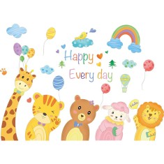 Sticker Decorativ pentru Camera Copiilor, cu Animale salbatice la Petrecere Happy Every Day, Autocolant, 100 x 50 cm, CBD CORAL BEST DEALS Multicolor