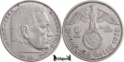 1938 A, 2 Reichsmark - Paul von Hindenburg - Al Treilea Reich (Germania nazistă) foto