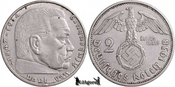 1938 A, 2 Reichsmark - Paul von Hindenburg - Al Treilea Reich (Germania nazistă)