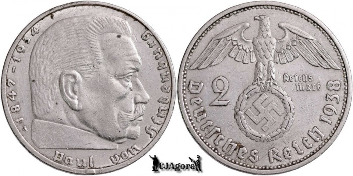 1938 A, 2 Reichsmark - Paul von Hindenburg - Al Treilea Reich (Germania nazistă)