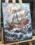 Tablou impasto pictat manual, Velier in bataia vantului, 50x40cm acril pe panza efect 3D, Kenny Varniote