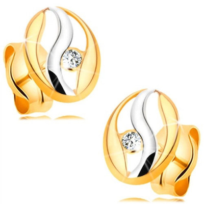 Cercei cu diamant din aur 14K - contur oval cu ondula&amp;Aring;&amp;pound;ie din aur alb, diamant sclipitor foto