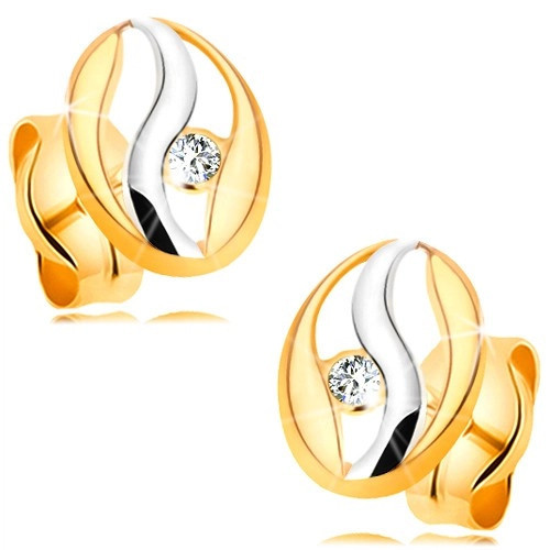 Cercei cu diamant din aur 14K - contur oval cu ondula&Aring;&pound;ie din aur alb, diamant sclipitor
