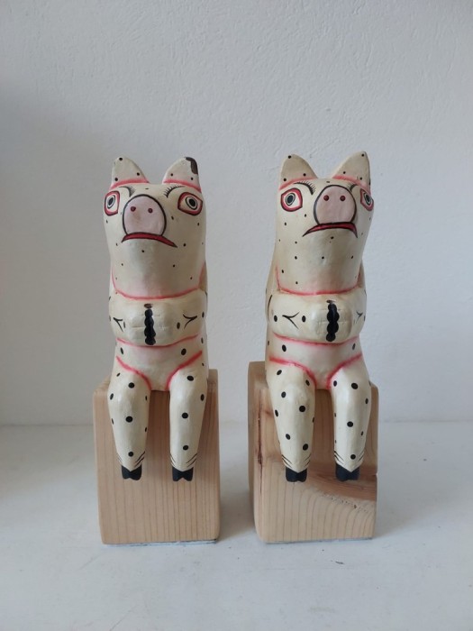 * Lot 2 statuete lemn sculptat, porci, porc, vintage, anii 70, pictat manual, folk art, arta traditionala, Mexic