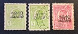 Regele Carol I (Emisiunea "Gravate") - Lot 3 Mărci Poștale cu Supratipar "1918" (5 Bani Verde x2 inclusiv Inversat/Răsturnat &amp; 10 Bani Roșu) RO2