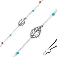 Brățară pentru gleznă din argint 925 - frunză, dublu lanț, bile albastre și roșii