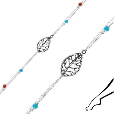 Brățară pentru gleznă din argint 925 - frunză, dublu lanț, bile albastre și roșii foto