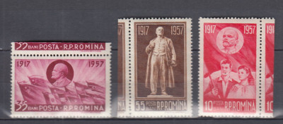 ROMANIA 1957 LP 443 - 40 DE ANI REVOLUTIA SOCIALISTA SERIE EROARE DANTELURA MNH foto