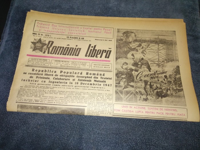 ZIARUL ROMANIA LIBERA 2 OCTOMBRIE 1949