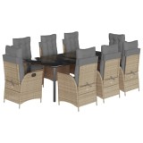 Cumpara ieftin Set de masa pentru gradina, 9 piese, cu perne, bej, poliratan