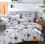 Cumpara ieftin Lenjerie pat single,bumbac finet,4 piese,gri deschis cu stelute-A146