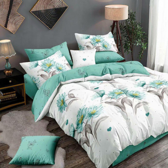 Lenjerie de pat pentru o persoana cu husa elastic pat si 2 fete perna patrata, Capri, bumbac mercerizat, multicolor