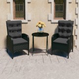 VidaXL Set mobilier bistro grădină, 3 piese, negru, poliratan/sticlă