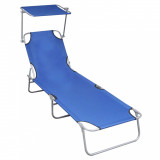 vidaXL Șezlong pliabil cu copertină, albastru, aluminiu