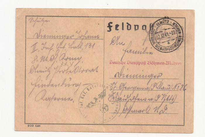H1 Germania -Carte Postala Militara Al 3 lea Reich. Circulata 1941