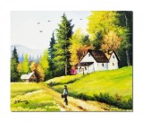 Cumpara ieftin Tablou pictat manual, Plaiuri mioritice, la casa de langa padure, 60x50cm ulei pe panza, gata de agatat pe perete