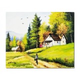 Tablou pictat manual, Plaiuri mioritice, la casa de langa padure, 60x50cm ulei pe panza, gata de agatat pe perete