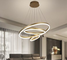Lustra LED Minimalist Ring, 144W, 3 inele, 60+40+25 cm, Auriu, telecomanda, lumina rece/calda/neutra, intensitate reglabila