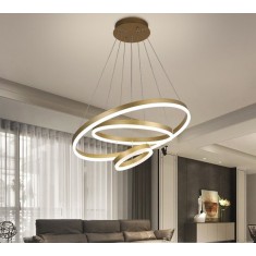 Lustra LED Minimalist Ring, 144W, 3 inele, 60+40+25 cm, Auriu, telecomanda, lumina rece/calda/neutra, intensitate reglabila