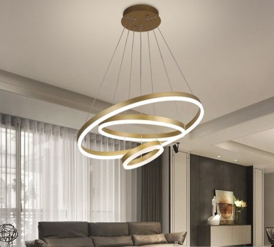 Lustra LED Minimalist Ring, 144W, 3 inele, 60+40+25 cm, Auriu, telecomanda, lumina rece/calda/neutra, intensitate reglabila foto
