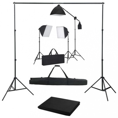 Kit foto studio,3 lumini softbox,suport fundal 2x3m,3x bec 150W, panza fundal negru 2x3m, macara + geanta transport foto