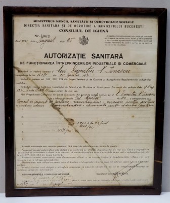 AUTORIZATIE SANITARA DE FUNCTIONAREA INTREPRINDERILOR INDUSTRIALE SI COMERCIALE , EMISA UNEI FIRME DIN BUCURESTI , LA 25 AUGUST 1941 foto