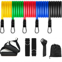 Set 5 Benzi de rezistenta si accesorii pentru fitness, 11 piese, 120 cm, Multicolor