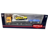 Macheta camion platforma auto 1:43 galben cu doua masini