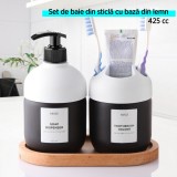 Set dispenser sapun lichid si suport periuta de dinti, Sticla, cu pompa si tava din lemn, 425 ml, Alb