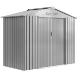 Outsunny Adăpost de grădină 2,5 m&sup2; - Depozit pentru unelte cu kit de fundație - Căbănuț cu ușă &icirc;ncuiabilă - Tablă de oțel gri | Aosom Romania