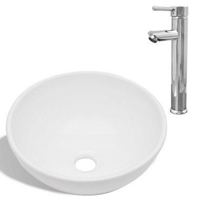 Chiuvetă de baie cu robinet mixer, ceramică, rotund, alb foto